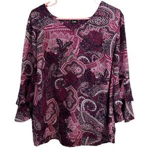 Lee Women’s Blouse Top‎ Pullover 3/4 Sleeve Printed Multicolor Pink Size Large
